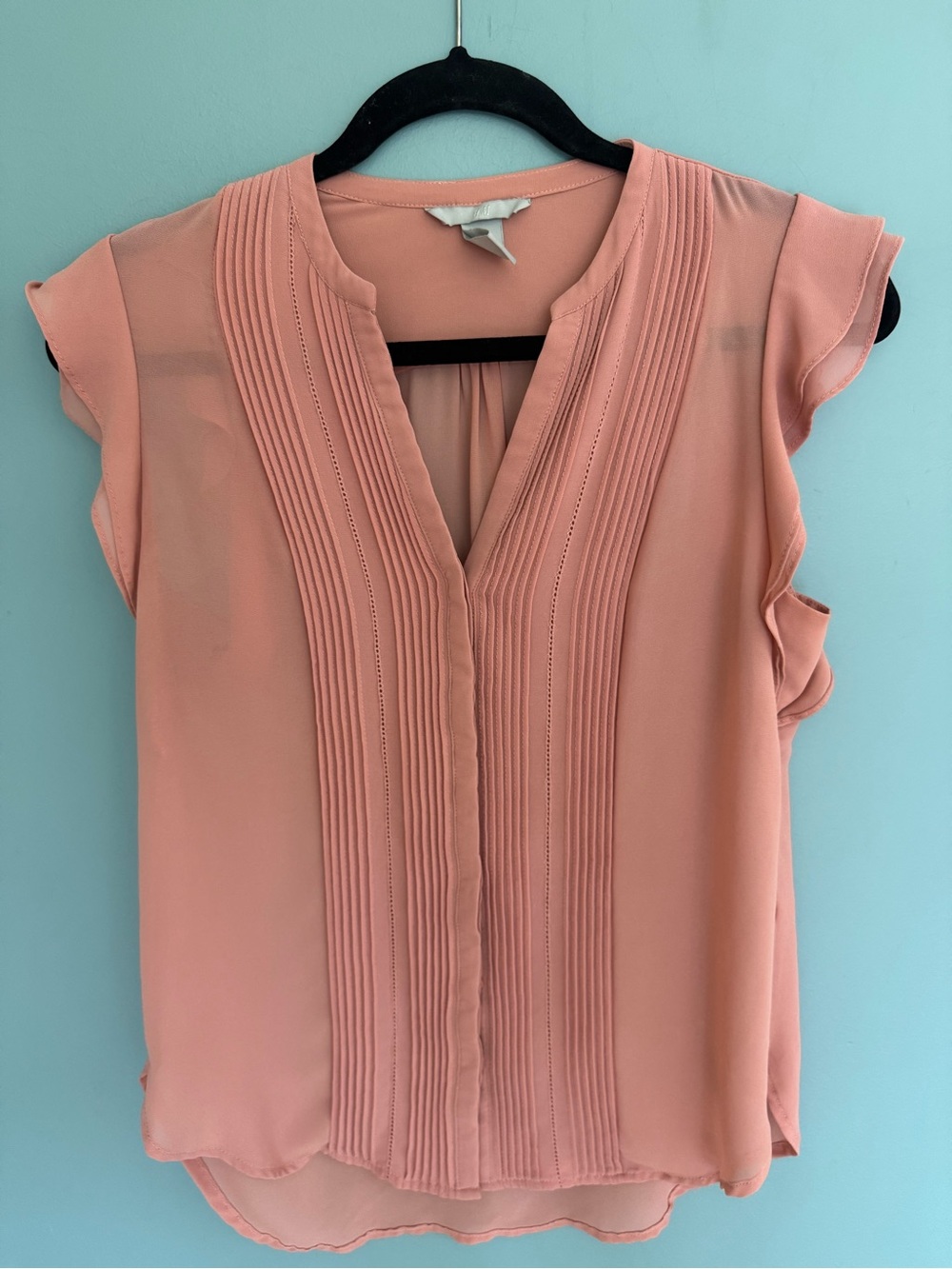 H&M Peach Pleated V-Neck Cap-Sleeve Blouse